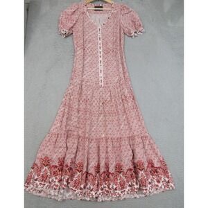 Prairie People Dress Womens Medium Red Floral Boho Maxi Puff Sleeve Tie Waist